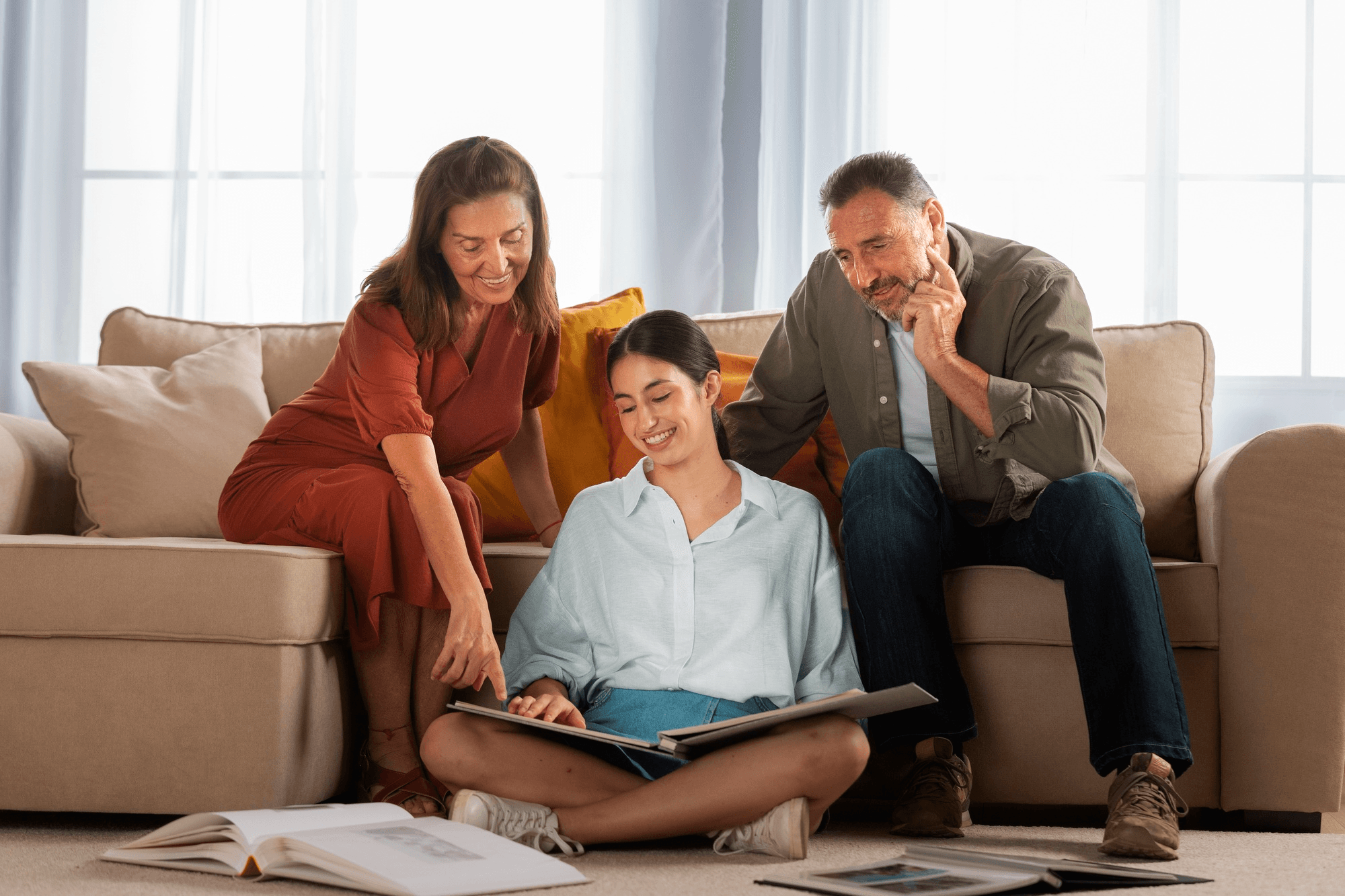Family reviewing records together